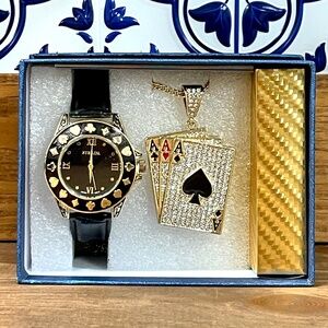 Strada Playing Card Watch Gift Set Rhinestone Ace Charm Necklace Gold Foil Deck